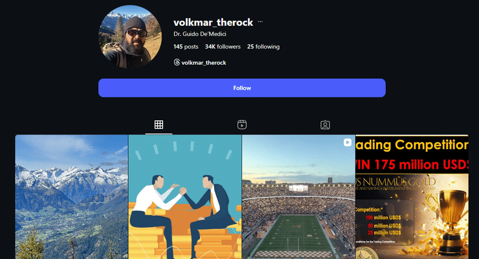 Screenshot of @volkmar_therock's Instagram profile, name of 'Dr. Guido De'Medici'. He has 34K followers and follows 25 accounts, having posted 145 times.