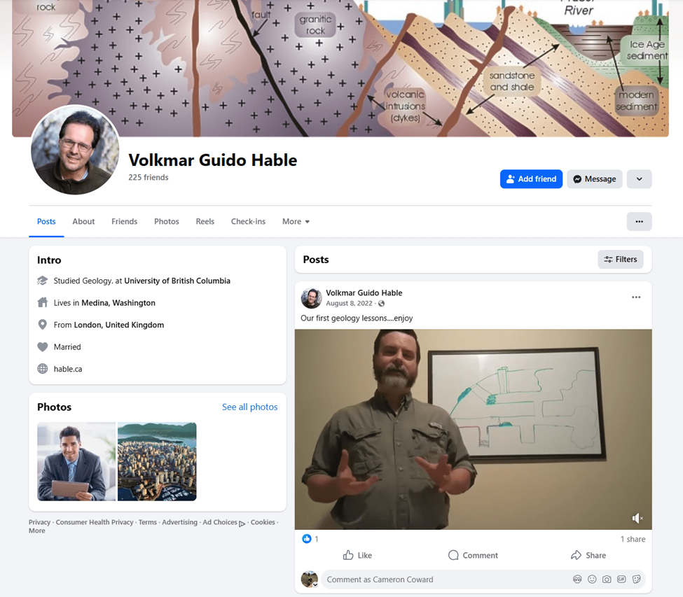 Screenshot of Volkmar Guido Hable's Facebook page, with a header image showing geological phenomena, he has 225 friends and it says he lives in Medina, Washington and is Married. The top post from 2022 is a picture of him captioned 'Our first geology lessons... enjoy'