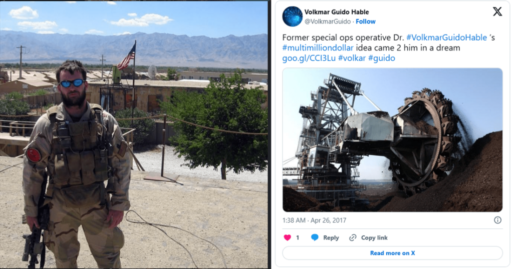 Screenshots of two Volkmar Guido Hable posts on Instagram, one showing a man who looks somewhat similar in military uniform. Text of another post reads 'Former special ops operative Dr. #VolkmarGuidoHable 's #multimilliondollar idea came 2 him in a dream goo.gl/CCI3Lu #volkar #guido' [sic], above an image of some mining equipment.