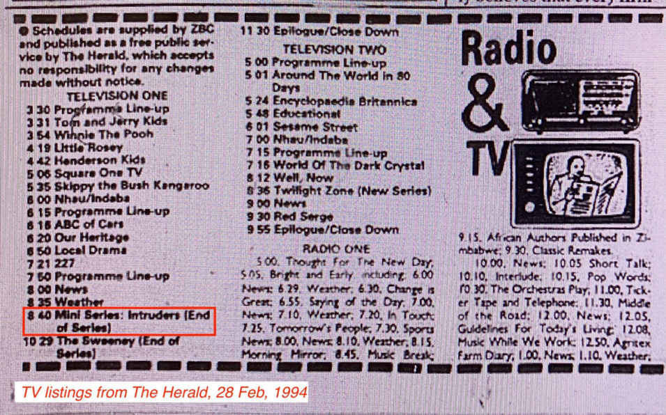 Television listings from The Herald, 28 February, 1994, showing the Intruders Mini Series broadcast at 8.40pm.