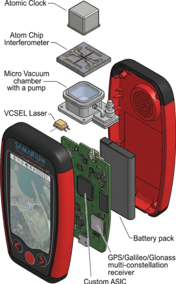 The Sword of Durandal diagram, featuring a number of complex-sounding components (Atomic Clock, Atom Chip Interferometer, Micro Vacuum chamber with a pump, VCSEL Laser, Battery pack GPS/Galileo/Glonass multi-constellation receiver, and custom ASIC). It's a deconstructed device diagram with the components spread out and labelled. The device front reads SAMARIUM 'Sword of Durandal' and display shows a satellite map of a water/grass/trees area under the 'Quantum Nav XL' label. It has forward and back arrows and a round red button on the input area.

[Fair use: described in the text as analysis]