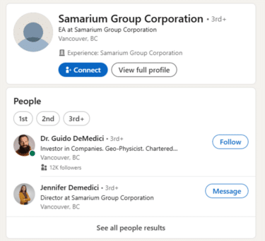 Screenshot of a LinkedIn profile for Samarium Group Corporation, EA at Samarium Group Corporation, Vancouver, BC. 'Experience: Samarium Group Corporation'. Two People are listed below: Dr. Guido DeMedici, with the same profile photo as above, 'and Jennifer Demedici who is standing with her arms folded in a yellow cardigan-style top over a darker top.