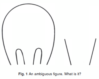 A black and white line drawing, captioned "Fig 1. An ambiguous figure. What is it?"
There are 6 black lines on a white background.

One line forms a large arch.
Two other lines each form smaller arches, side-by-side within the larger arch.
To the right of the large arch, a straight line half the height of the arch angles steeply downward from left to right.
To the right of that diagonal line, another straight line half the height of the arch angles steeply downward from right to left.