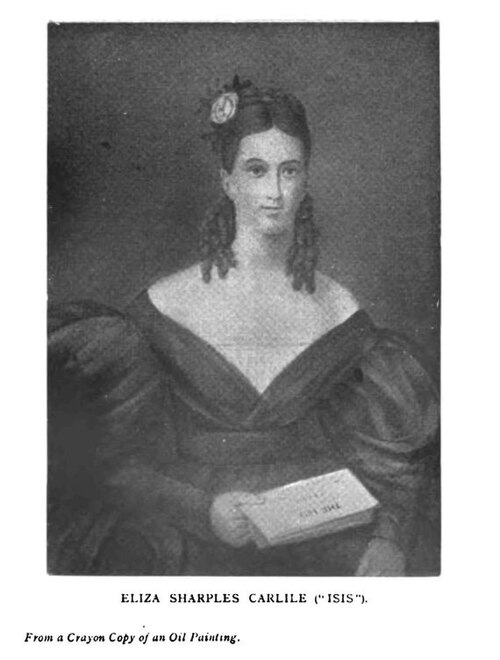 A black and white portrait drawing of a young white woman with dark plaited hair, holding some papers.

A printed caption reads
"Eliza Sharples Carlile ('Isis') From a crayon copy of an oil painting"