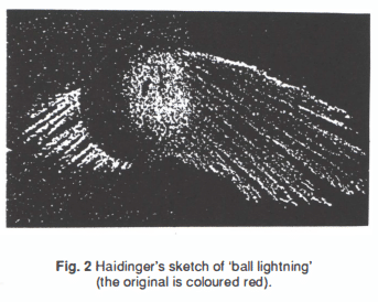 A black and white illustration captioned "Fig 2. Haidinger's sketch of 'ball lightning' (the original is coloured red)"
Drawn in white on a black background is a white fuzzy approximately oval shape, from which sets of white rays or lines extend to the left and right.