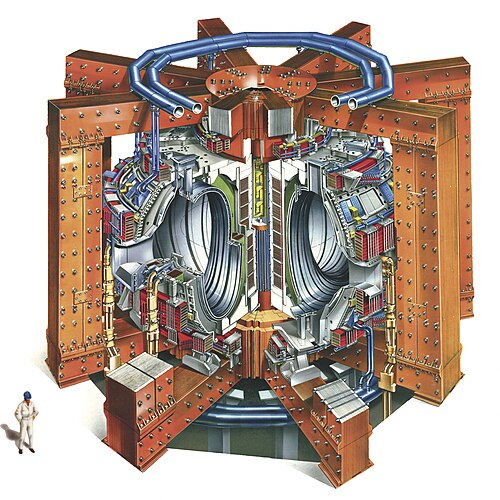 A drawing of a large piece of machinery, cut away to show part of the interior. A shiny toroidal chamber sits at the centre of the machine. The outer walls of the torus are covered in assorted boxes and pipes or cables. This assembly is surrounded by large steel girders to provide structural support. A human figure stands beside the machine for scale. The whole machine is approximately five or six times the height of the figure, and approximately as wide as it is tall.