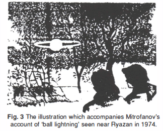 A black and white illustration captioned "Fig 3. The illustration which accompanies Mitrofanov's account of 'ball lightning' seen near Ryazan in 1974"
Two people in the foreground are looking towards trees in the background. Apparently in front of the trees is a white ball and thin white oval, resembling a classic image of Saturn and its rings.