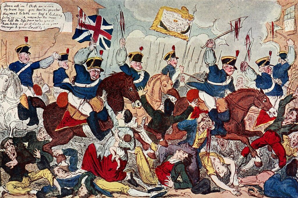 A coloured political cartoon depicting uniformed cavalry on horses, wielding bloodied axes trampling and slashing at a crowd of civilians on foot. Many of the civilians have fallen over, or are clutching at wounds they have suffered.
A cavalry officer is calling out to his men, with the words "Down with 'em! Chop em down my brave boys: give them no quarter they want to take our Beef & Pudding from us! ---- & remember the more you kill the less poor rates you'll have to pay so go at it Lads show your courage & your Loyalty" in a speech bubble.