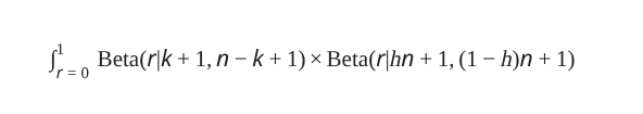 A mathematical equation: The integral from r equals zero to one, of Beta (r vertical line K plus 1, n minus k plus 1) times Beta( r vertical line K h n plus 1, (1 minus h) times n plus 1 )