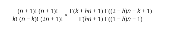 A mathematical equation: n+1 factorial times n+1 factorial, divided by k factorial times n-k factorial times 2n+1factorial, all multiplied by Gamma(k+hn+1) times Gamma((2-h)n-k+1), all divided by Gamma(hn) times Gamma((1-h)n+1) approximately equals 2.126735...