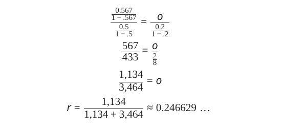 A mathematical equation with several lines of working out involving fractions, culminating in r equals 1,134 divided by (1,134 plus 3,464), which is approximately equal to 0.246629