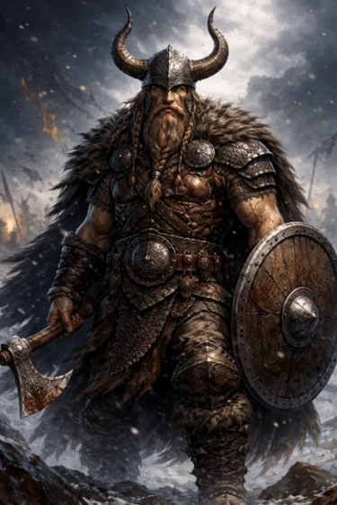 A colour AI-generated picture of a bearded warrior, wearing furs and armour, holding a round wooden shield in one hand and an axe in the other.
He is wearing a helmet with a large curved horn protruding from each side.