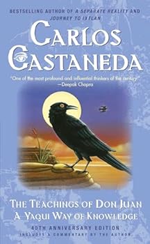 A predominantly blue-lilac book cover, author "Carlos Castaneda", titled "The Teachings of Don Juan - A Yaqui Way Of Knowledge". 40th Anniversary edition, "includes a commentary by the author". The cover's main image is of a crow perched on a desert rock, looking behind itself, its head silhouetted by the moon as a bird flies across purple-orange sky in the background. A quote from Deepak Chopra features: "One of the most profound and influential thinkers of the century"
