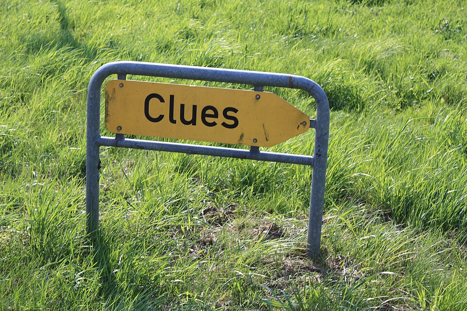 A photograph of a grassy area, from which rises a low metal signpost, with a yellow sign pointing to the right and with the word "Clues" in clear black lettering.