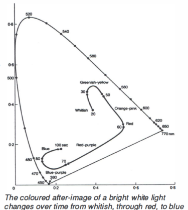 A chart titled "The coloured after-image of a bright white light changes over time from whitish, through red, to blue"
An x axis a y axis both start at zero and go up to 0.8 – units are not stated.
On the area of the chart an approximately triangular envelope is marked out. Within this envelope a line meanders from a point labelled "whitish" via points labelled "greenish-yellow", "red", "red-purple" and "blue purple" to one labelled "blue".