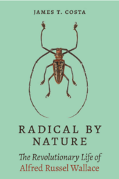 Cover of James T. Costa's book "Radical by Nature: The Revolutionary Life of Alfred Russel Wallace". A solid pastel green background features a large brown insect with huge backwards-pointing antennae and an almost triangular abdomen