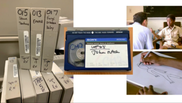 A collage of photographs. One shows several boxed video tapes labelled with with numbers and people's names. Another shows a Sony Betacam tape labelled "UFO's John Mack". Another shows a white man seated talking to a seated Black boy. The final picture shows a sheet of paper with a humanoid figure's outline being drawn by a Black child whose hands we can see holding a pen.