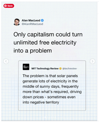 Screenshot of a tweet.
MIT Technology Review (@TechReview) tweeted "The problem is that solar panels generate lots of electricity in the middle of sunny days, frequently more than what's required, driving down prices - sometimes into negative territory".
Alan MacLeod (@AlanRMacLeod) quote-tweeted this, adding the comment "Only capitalism could turn unlimited free electricity into a problem"