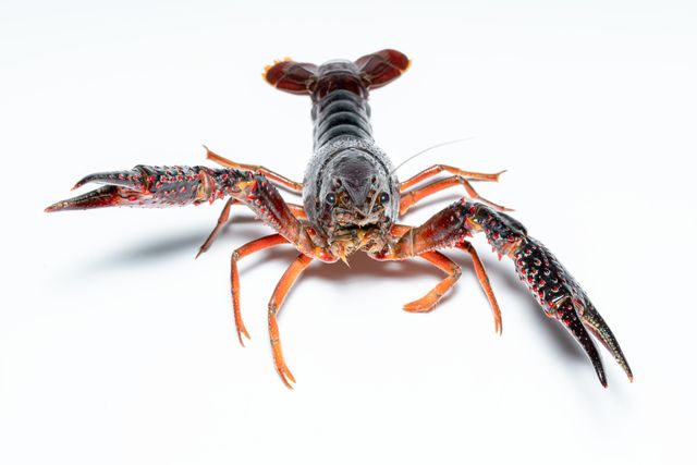 Photograph of a crayfish, with a dark upper surface and reddish orange legs. It is facing the camera and is holding its claws out to its sides.