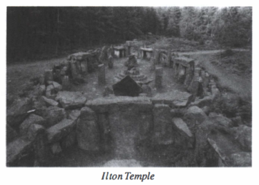 Black and white photograph captioned "Ilton Temple"

A circle of many standing stones in a clearing in a forest. Some stones are free-standing, while many others are in pairs supporting a stone laid horizontally across the top.

There are also areas of stones seemingly randomly jumbled together.