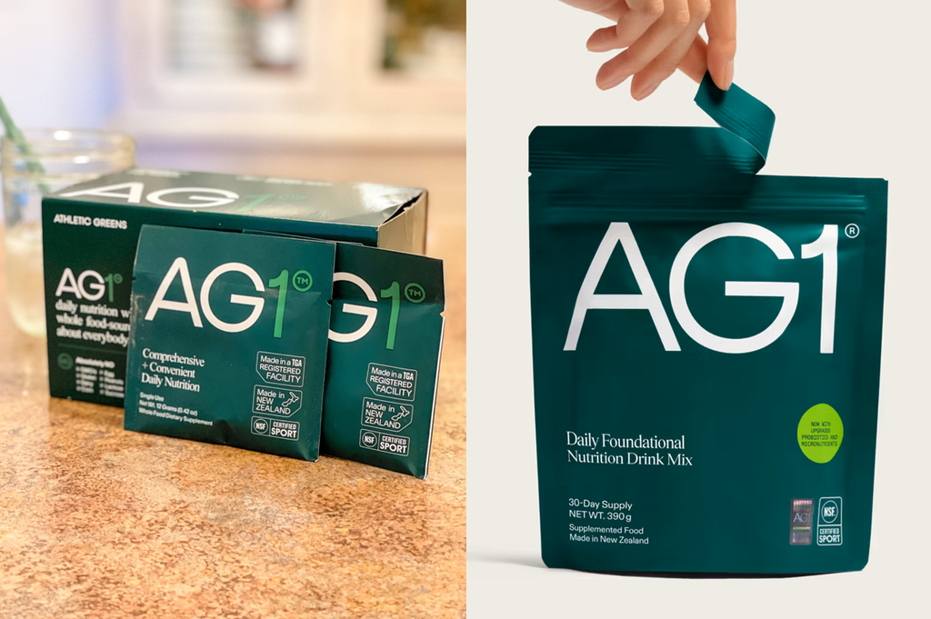 Two marketing images for the AG1 daily supplement product. The left shows a green cardboard box with two sachets in front, and the 1 in AG1 is green. The sachets read: "AG1 Comprehensive + Convenient Daily Nutrition", 'Made in a TGA registered facility' and 'Made in New Zealand' plus 'NSF certified sport' are labelled. On the right, a plastic pouch is being opened by a white person's hand dropping into the top of the image (a staged marketing photo). Here, AG1 (all written in white) is described as 'Daily Foundational Nutrition Drink Mix' and states it's a 30-Day Supply at 390g and that it's "Supplemented Food Made in New Zealand". It shares the same Cerfieid Sport label and says "Now with upgraded probiotics and micronutrients" in a call-out bubble.