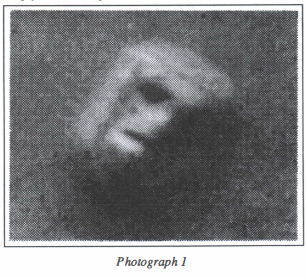 Grainy black and white photograph captioned "Photograph 1". Against a medium grey background is an area resembling a face or theatrical "tragedy" mask looking towards the camera; with the right hand side of the side sunlit and bright while the left side of the face is lost in dark shadow. A band of dark shadow forms the "mouth", a patch of dark shadow the "right eye", and a slightly brighter area roughly marches the position of a "nose".