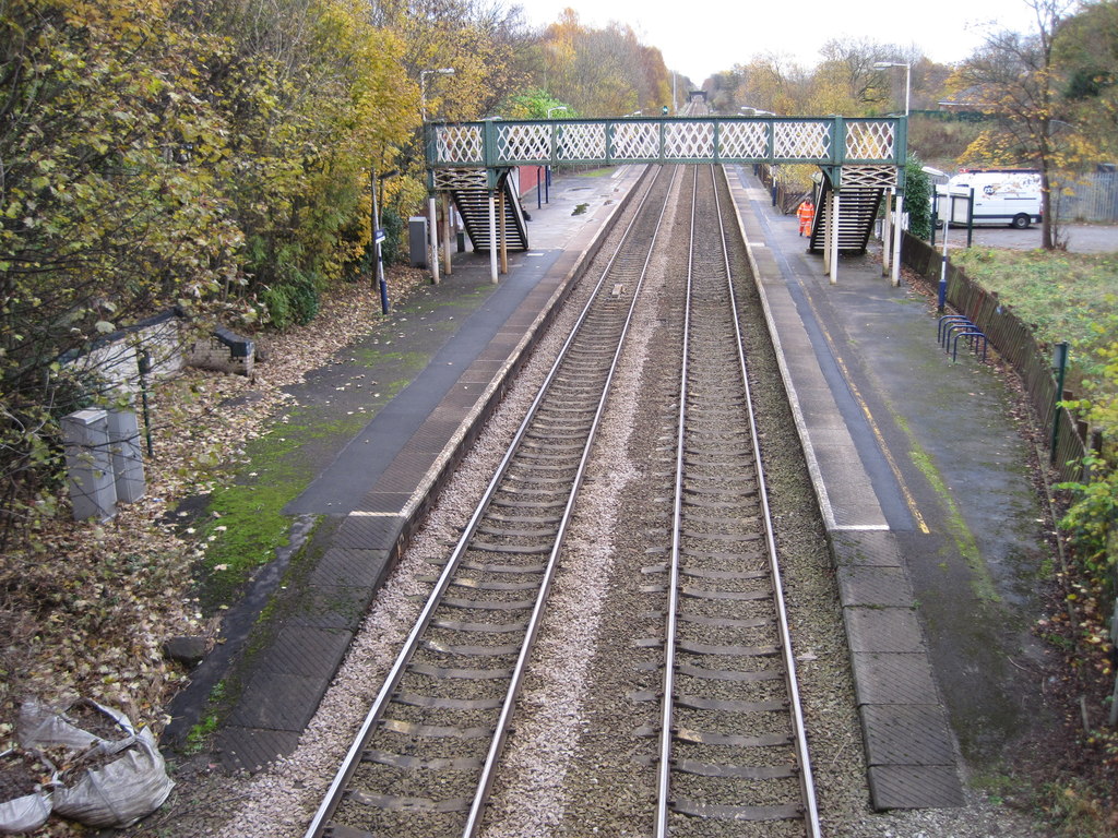 Photograph of a small two-platform railway station in a leafy suburban setting
