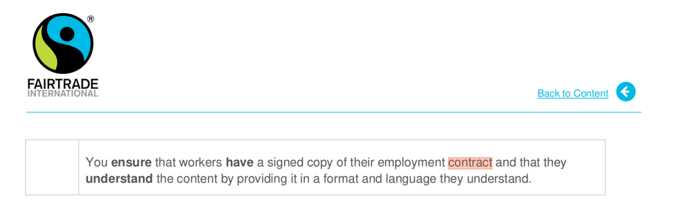 Screenshot of the Fairtrade International site with text: "You ensure that workers have a signed copy of their employment contract and that they understand the content by providing it in a format and language they understand."