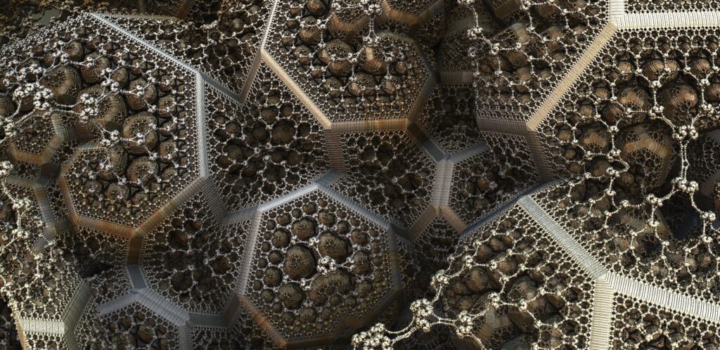 A recursive fractal piece of digital art. The lines/matter are shown in gold and brown with negative space in black. The pattern almost tends to hexagons but also features molecule-like chains