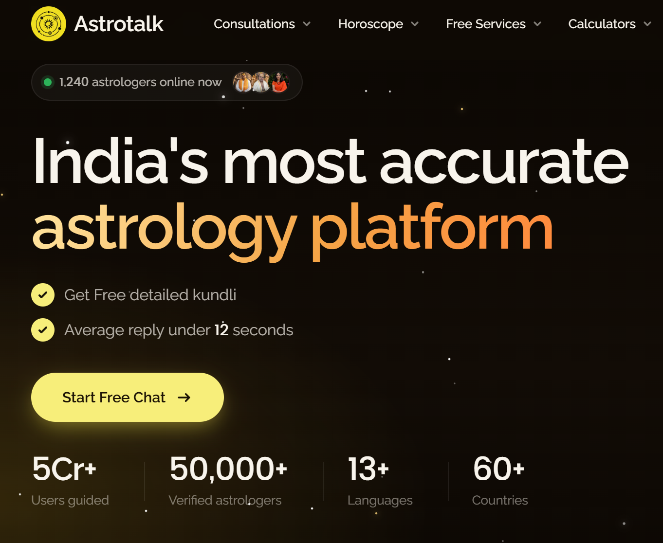 Ad page for Astrotalk, "India's most accurate astrology platform". The menus, buttons and stats are on a black night-sky-like background with occasional white dots. One notification bar shows "1,240 astrologers online now", two check-mark points state "Get Free detailed kundli" and "Average reply under 12 seconds". The stats are: "5Cr+ users guided, 50,000+ Verified astrologers, 13+ languages, 60+ countries"