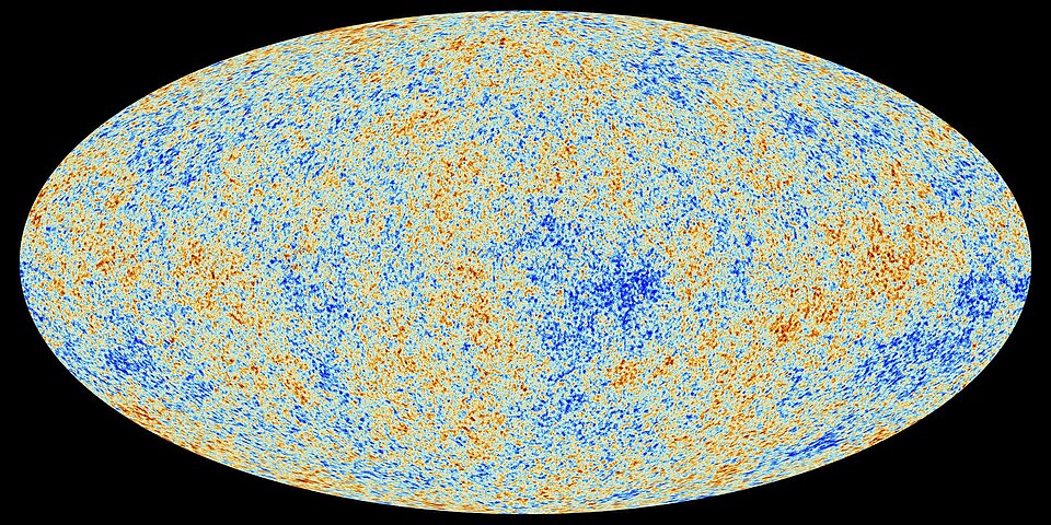 Colourful ellipse on a black background. The ellipse is stippled with a pattern of oranges, yellows, blues and greens representing the different microwave temperatures observed in different parts of the sky.